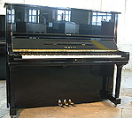 A Yamaha U3 upright piano with a black case and polyester finish. A Yamaha U3 upright piano with a black case and polyester finish.