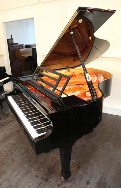 Brand new, Feurich Model 178 Professional grand piano with a black case and brass fittings. Piano has an eighty-eight note keyboard and a three-pedal piano lyre. 