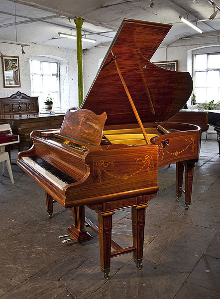 Adams style, Bechstein Model V grand piano for sale with a rosewood case and gate legs. Cabinet decorated with inlaid swags and bows