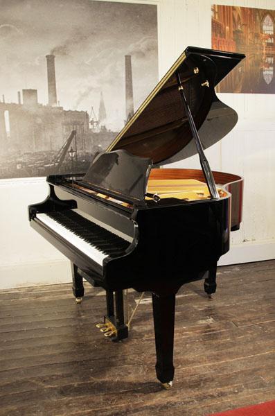  Hamlyn Klein CJS-142 baby grand piano for sale with a black case and spade legs. Piano has a fitted PianoDIsc PianoCD player system