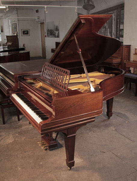 Antique, 1900, Steinway Model A grand piano with a polished, rosewood case and spade legs.. Piano has an eighty-eight note keyboard and a three-pedal lyre