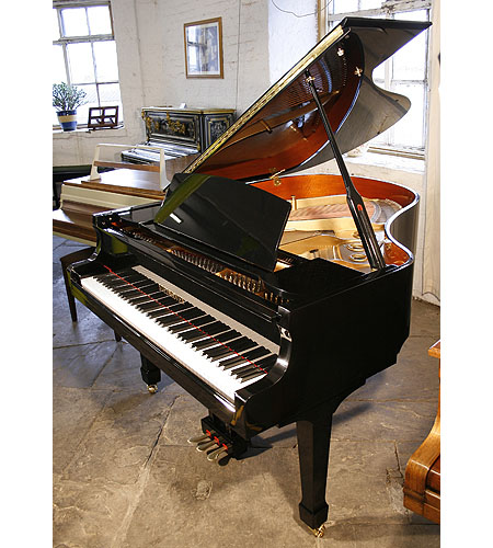 Brand new Steinhoven Model 170 grand piano with a black case and polyester finish. Piano has an eighty-eight note keyboard and a three-pedal piano lyre. 