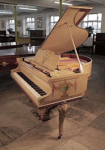 Circa 1910, Beuloff baby grand piano for sale with a cream case. Entire cabinet hand-painted with Classical style motifs. It is signed on the cabinet by Jade 85 Wigmore Street