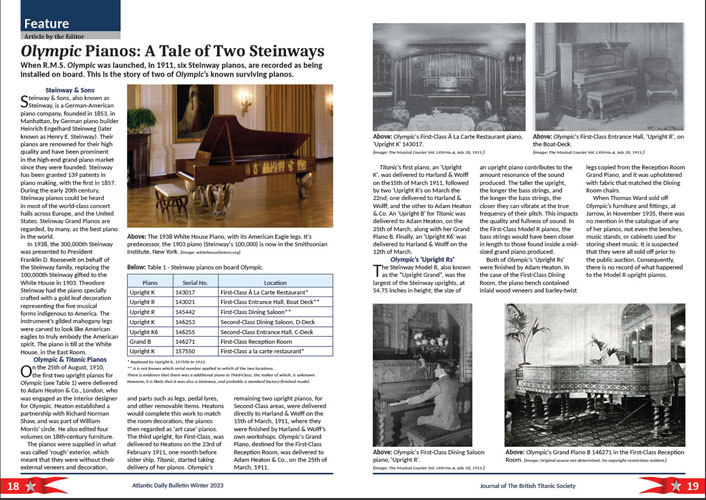 British Titanic Society Atlantic Daily Bulletin Article: Feature on Olympic Pianos Page 1, Winter 2023