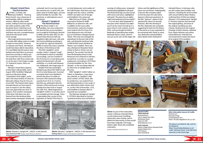 British Titanic Society Atlantic Daily Bulletin Article: Feature on Olympic Pianos Page 1, Winter 2023