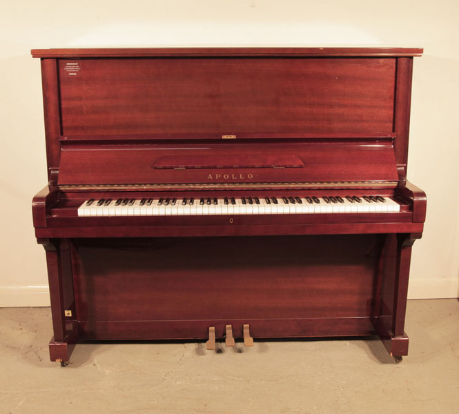 Reconditioned, 1980, Apollo A360 upright piano for sale with a mahogany case and brass fittings. Piano has an eighty-eight note keyboard and and three pedals 