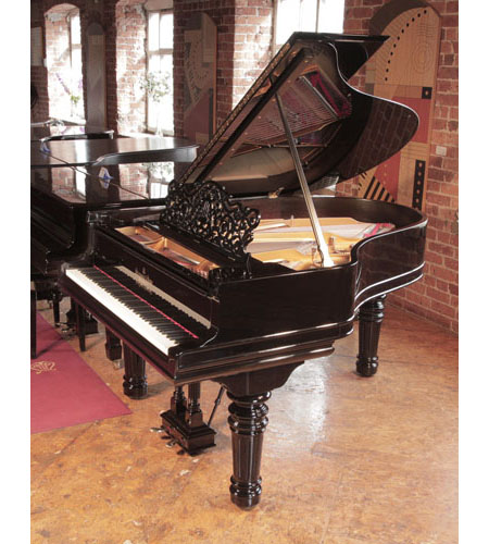 Rebuilt, 1895, Steinway Model A grand piano for sale with a black case and  fluted, barrel legs. Piano has an eighty-five note keyboard and a two-pedal lyre.  