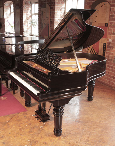 Rebuilt, 1895, Steinway Model A grand piano for sale with a black case and brass fittings. Piano has fluted, barrel legs.  Piano has an eighty-five note keyboard and a two-pedal lyre.