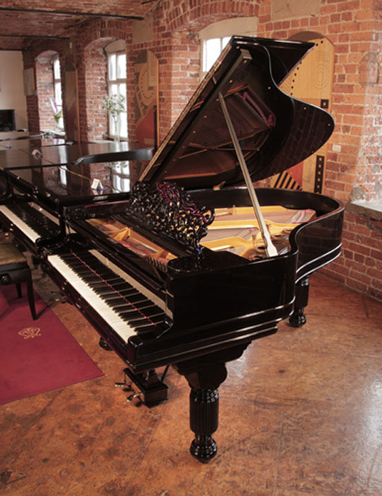 Recondtioned,  1889, Steinway Model A grand piano for sale with a black case  and fluted, barrel legs. Piano has an eighty-five note keyboard and a two-pedal lyre 