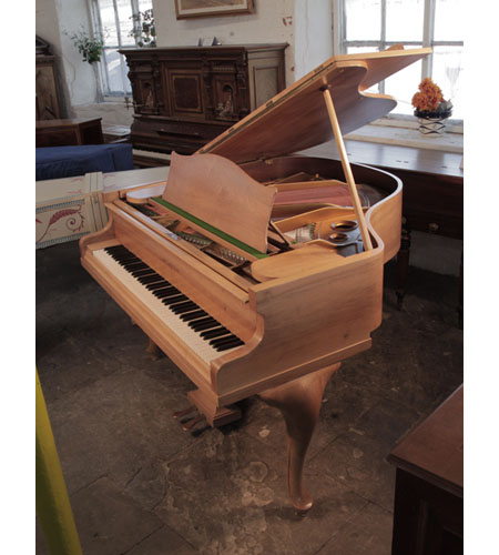 Restored, 1938, Bechstein Model S baby grand piano for sale with a bleached, walnut case and cabriole legs.  Piano has an eighty-eight note keyboard and a two-pedal lyre.