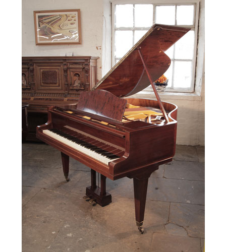 Reconditioned, 1934, Bluthner Model 10 baby grand piano with a figured, mahogany case and square, tapered legs