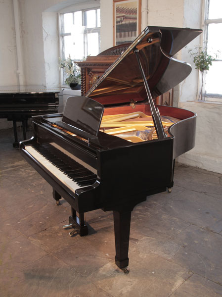 Reconditioned, 1969,  Bluthner Model 10  with a polished, black case and spade legs.  Piano has an eighty-eight note keyboard and a two-pedal lyre.