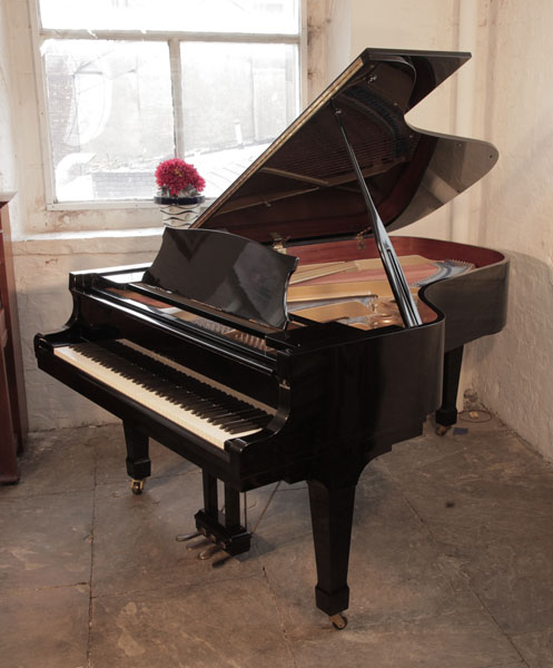 Reconditioned,  1981, Kawai KG-5D  grand piano for sale with a black gloss case and spade legs