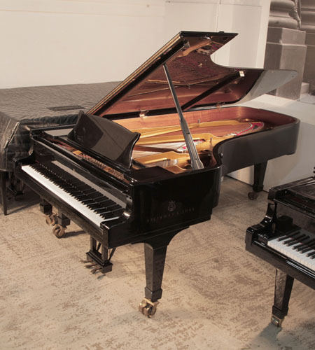 Reconditioned, 1995, Steinway Model D concert grand piano with a black gloss case. Piano has an eighty-eight note keyboard and a three-pedal lyre. 