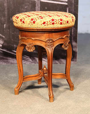  Carved, Adjustable Piano Stool with Brocade