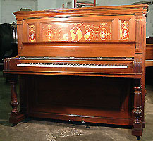 Art cased Steinway upright piano for sale with a rosewood case, delicately with inlaid with a variety of woods and etched detail.